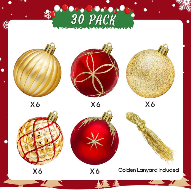 DeckTheHalls Christmas Ornaments, 30 Pcs 2.5 Inch Christmas Decoration Balls for Xmas Tree Hanging, Shatterproof Christmas Ball Ornaments for Festival Home Party Decors, (Red & Gold)