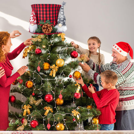 Christmas Tree Topper, Red and Black Buffalo Plaid Top Hat Christmas Tree Decorations Santa Gnome Ornaments Large Christmas Hat Tree Toppers Decor for X'Mas Home Party Supplies Festive Xmas Idea