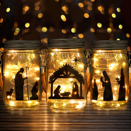 3 Pcs Christmas Nativity Scene Lantern Decorative Nativity Solar Lantern Fairy Hanging Jar Lights Solar for Indoor Outdoor Decorations Holiday Xmas Home Decor