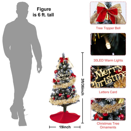 3 Ft Christmas Artificial Tree Decorations - Christmas 36 Inch Mini Table Top Tree, Xmas Desk Small Tree with 50 LED Warm Lights, Hanging Ornaments for Home Decor Indoor Office Holiday Tabletop Party