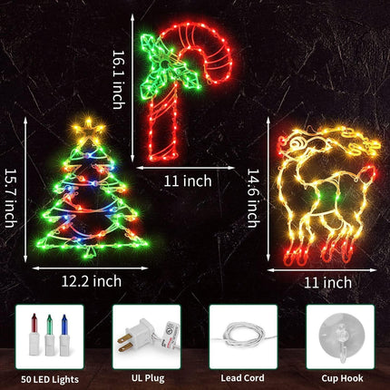 16" Christmas Window Silhouette Lights Decorations, 3 Pack Christmas Window Hanging Lights for Holiday Wall Indoor Window Decorations(Wreath, Tree and Candy Cane)