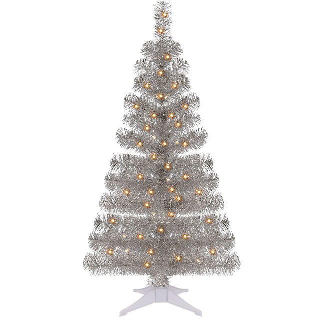 Juegoal 4 FT Pre-lit Artificial Christmas Tree, Lighted Silver Tinsel Pencil Pine Spruce Trees with 70 Warm White LED Lights, 8 Lighting Mode & Timer for Xmas Holiday Winter Home Party Decor