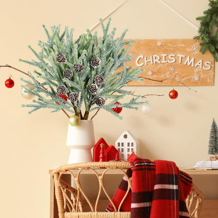 Sggvecsy 4 Pack Snow Frosted Christmas Pine Picks with Pine Cones Frosted Artificial Pine Branches Faux Pine Stem Christmas Pine Needles for Xmas Tree Wreath DIY Craft Holiday Decor (Red)