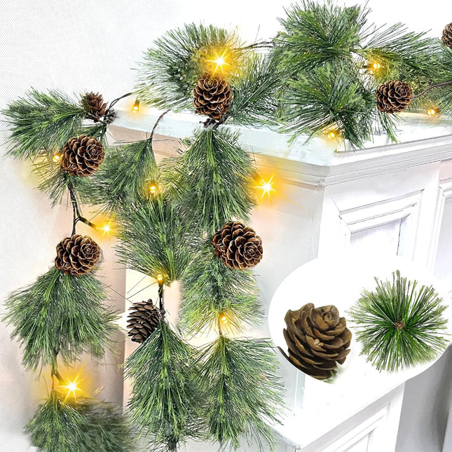 Dual Color Change & Timer 6 Ft Smokey Christmas Garland Cedar Garland Natural Pine Garland Prelit Christmas Garland with 20 Warm White & Colored Change Lights 8 Modes Pinecones Xmas Garland for Mantle