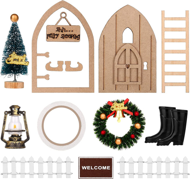 Dollhouse Decoration Set 1:12 Desktop Wall Decoration Christmas Ornaments Including Door, Ladder, Christmas Wreath, Christmas Tree, Vintage Miner's lamp, Boots, Fence, Double-Sided Adhesive Tape