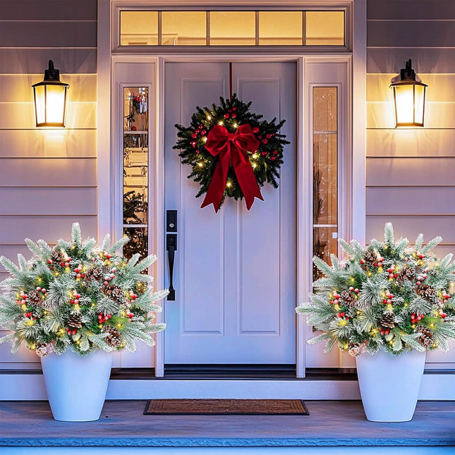 Noverlife 2 Packs Christmas Tree Frosted Urn Filler, 26 Inches Pre-lit Snowy Xmas Pine Tree Planter Pots Filler with Cones & Berries, Outdoor Artificial Tree with 50 LED Lights (Not Included Planter)