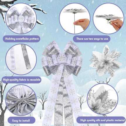 Yinkin Christmas Tree Topper Bow Set 10'' x 13'' Large Velvet Bow with Long Streamers Sun Flower Shape Bow with 12 Pcs 5.5 Inch Artificial Poinsettia Flowers for Xmas Indoor Party Decor (Silver)