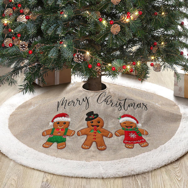 Christmas Tree Skirt, Burlap with Merry Christmas & Gingerbread Man Gingerman Applique, for Xmas Holiday Party Decorations Home Decor