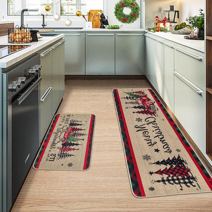 Christmas Kitchen Mats Set of 2, Truck and Tree Plaid Christmas Kitchen Decor Christmas Runner Rug and Mat Set, Low-Profile Kitchen Rugs for Floor(17x29 and 17x47 Inch)