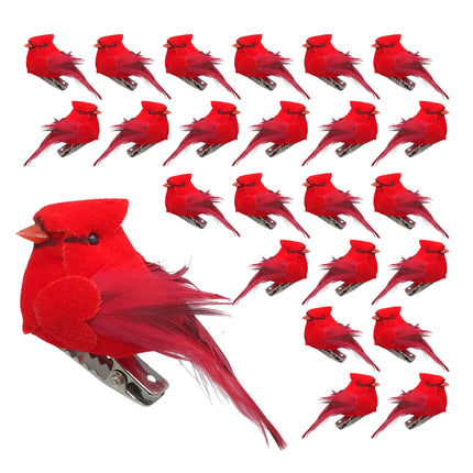 Cardinal Clip On Christmas Tree Ornaments - Bird Decorations - Red Body & Feathered Wings & Tail - Set of 24 - Each Bird is 2" Long - Wreath - Centerpiece - Crafts