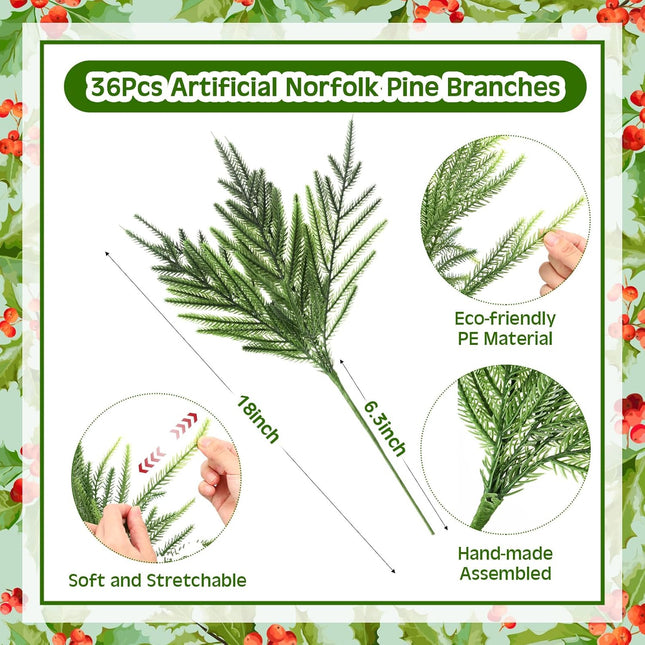 Giegxin 48 PCS Christmas Norfolk Pine Branches with Red Berry Stems 18" Artificial Norfolk Pine Stems Sprigs Artificial Christmas Branches Decorations for Xmas DIY Craft Garland Home Decor