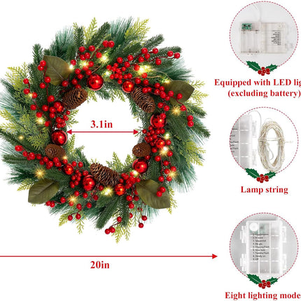 MACTING 20inch Christmas Wreaths for Front Door,8 Lighting Mode Artificial Wreath with Lights Battery Operated Indoor Outdoor Winter Christmas Wreaths with Red Berries Pine Cones and Ball Ornaments