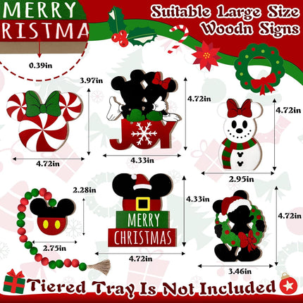 Christmas Tiered Tray Decor, Cartoon Mouse Tray Decorations, Snowman Candy Wooden Signs Wood Bead Garland, Farmhouse Rustic Winter Merry Xmas Decorations for Home Table Shelf Party Holiday 6PCs