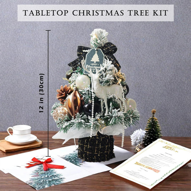 Small Christmas Tree Mini Tabletop Snowy Artificial Xmas Pine Trees with Wooden Base Decorative Ornaments Balls Festive DIY Desk Table Decoration Cute Warm Present (Black)