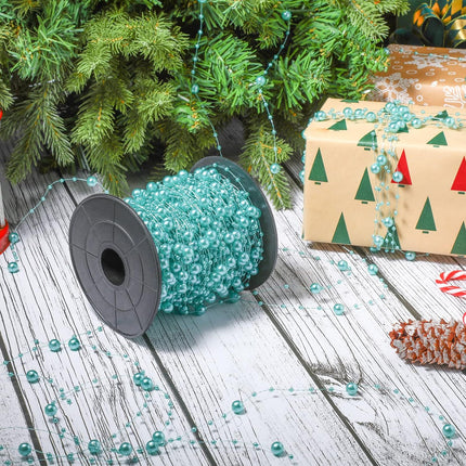 200 Feet Teal Blue Pearl Beads Garland Chain Christmas Artificial Pearl Strands Bead Decor Round Shiny Beads String Garland for Christmas Tree Party Decor Teal Wedding Bridal Bouquet Craft DIY