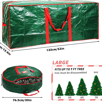 Christmas Tree Storage Bag 52" and Christmas Wreath Storage Bag 30" - Storage 7.5 Foot Artificial Xmas Holiday Tree with Handles, Dual Zipper, Durable Waterproof Material（Green）