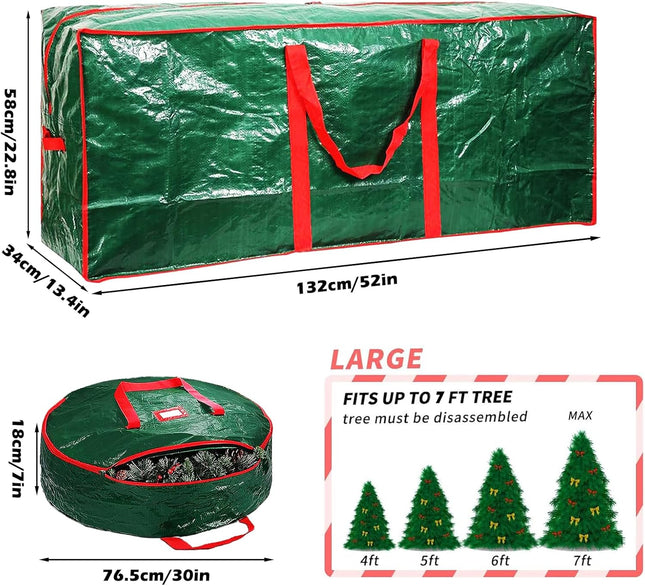 Christmas Tree Storage Bag 52" and Christmas Wreath Storage Bag 30" - Storage 7.5 Foot Artificial Xmas Holiday Tree with Handles, Dual Zipper, Durable Waterproof Material（Green）