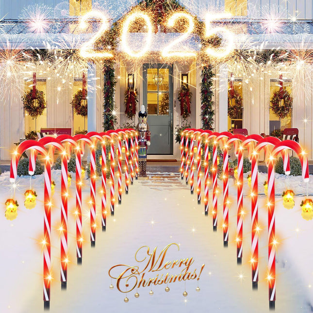 12 Pack Christmas Candy Cane Pathway Lights Christmas LED Candy Cane Lights 8 Flash Modes Candy Cane Pathway Markers Decorations Light Up Candy Canes Lights Outdoor for Walkway Yard Patio Garden Lawn