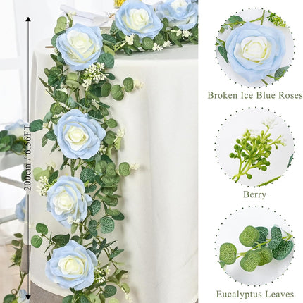 MARTINE MALL 2Pcs 13FT Artificial Eucalyptus Garland with Flowers, Ice Blue Flower Garland Silk Ice Blue Rose Garland Faux Autumn Floral Garland for Table, Party, Wedding, House, Wall Decor