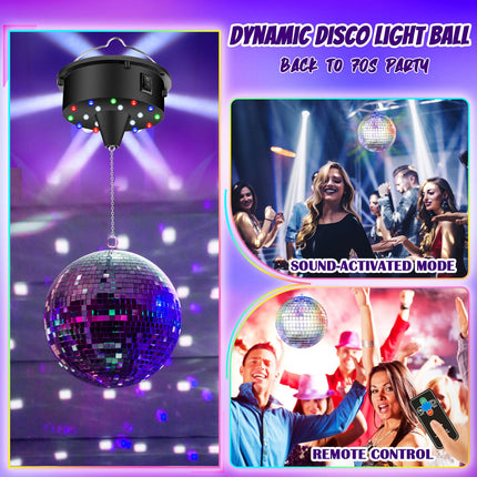 10 RPM Disco Ball with Motor and Mirror Ball — Plug/Battery Powered Disco Ball Light with 4 Color Lights,18 LED Beads and Mirror Ball, Christmas Party, Back to 70s Theme Party Supplies
