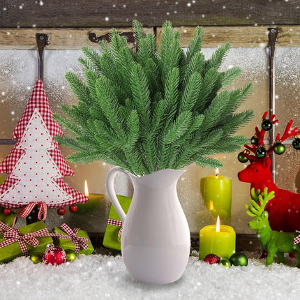 50 PCS Artificial Pine Branches Christmas Faux Pine Greenery Stems Fake Cedar Pine Needles Picks for Christmas Tree Wreath Garland DIY Crafts Holiday Home Decoration