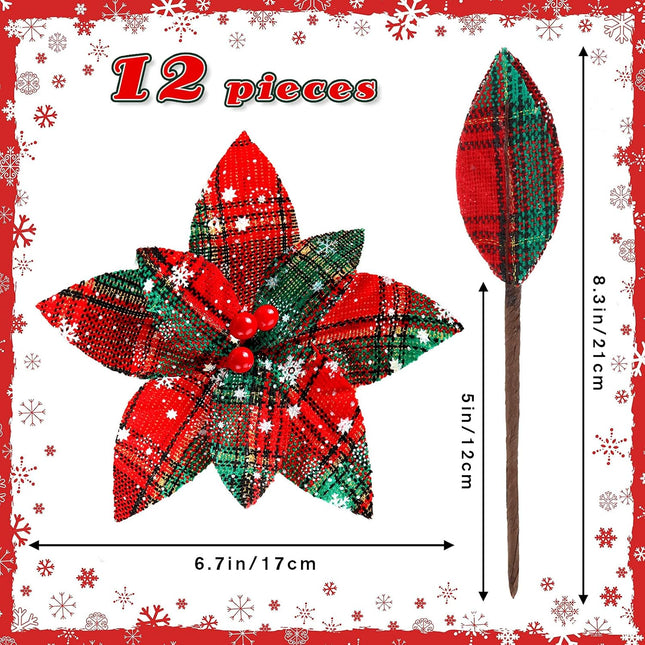 12 Pieces Christmas Plaid Poinsettias Artificial Xmas Poinsettias Flowers Ornaments Faux Flowers Picks Decor Wreath for Christmas Tree Party Holiday Decor (Stylish Style)