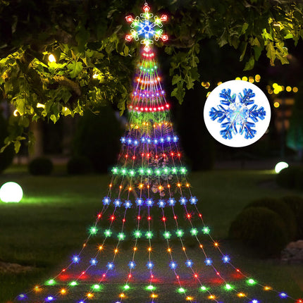 Christmas Light Outdoor Decoration 12 ft 240 LED Waterfall String Light with Snowflake Topper 8 Mode Light Waterproof Christmas Tree Hanging Fairy Lights for Xmas Holiday Patio Yard Party