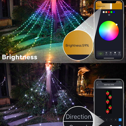 Outdoor Christmas Decorations Star Yard Lights, 12FT Smart Dynamic RGB Led Waterfall Tree Lights DIY Pattern Text App Remote Control Unique String Lights for Outside Roof Home Xmas Holiday Decor