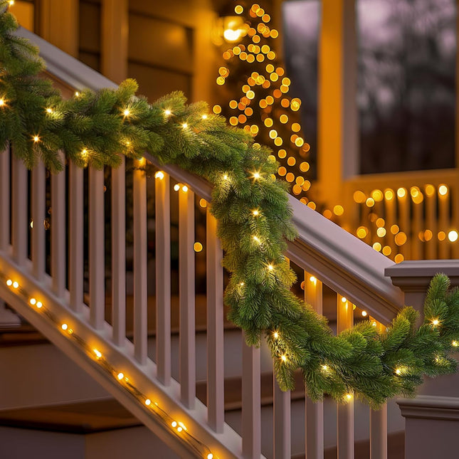 6ft Pre-Lit Christmas Garland, Artificial Lighted Norfolk Pine Garlands with Multi-Color Lights, Battery Operated Garland for Mantle Stairs Table Fireplace Xmas Decoration-Green