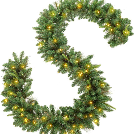 KING BIRD Pre-lit Christmas Garland, 9 FT by 12 Inch, Classic Green Christmas Garland with 50 Warm Lights 300 Branch Tips for Indoor and Outdoor Decoration