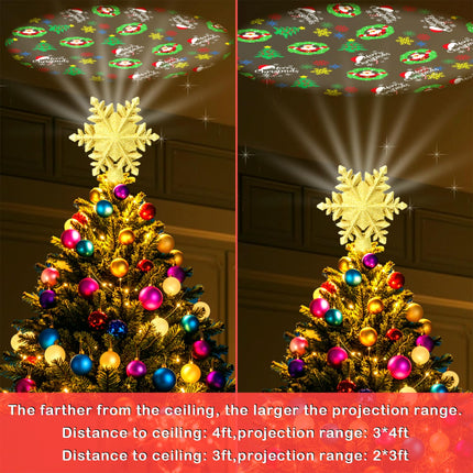 Christmas Tree Topper Lighted with 8 Projection Modes, Christmas Star Tree Topper LED Rotating Lights, 3D Gold Snowflake Star Tree Top Glitter Projector for Xmas Party Holiday Decorations