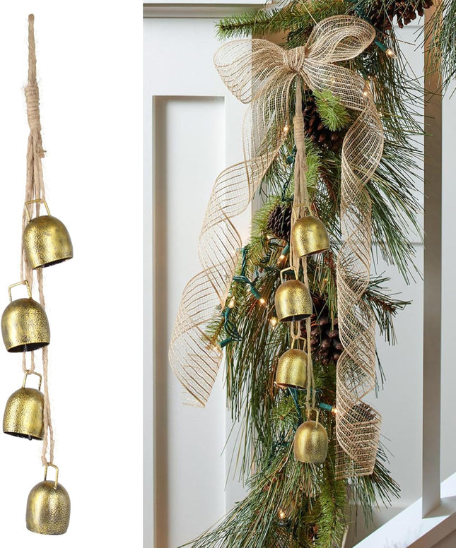 Christmas Bells for Decoration, Gold Metal Vintage Cow Bells with Jute Hanging Rope, Decorative Christmas Cow Bell for Weddings, Parties, and Christmas Wreath