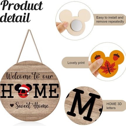 13 Pcs Christmas Mouse Welcome Door Sign,Seasonal Interchangeable Wreaths Rustic Wood Hanging Signs Welcome to Our Home Door Sign Hangers Decor for Housewarming s Outdoor Porch