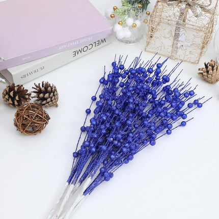 30-Pack Christmas Picks and Sprays Blue Artificial Glitter Berry Stems Branches Twigs Sticks Sprigs Christmas Tree Decorations, Ornaments for Garland, Wreath, Flowers and Tree Topper