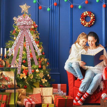 Christmas Tree Topper Wreath Bow Large Red Green Glitter Dot Bow Red White Stripe Ribbons Ornaments for Xmas Garland Wedding Home Holiday Party Thanksgiving Indoor Outdoor Decor 46"x13"