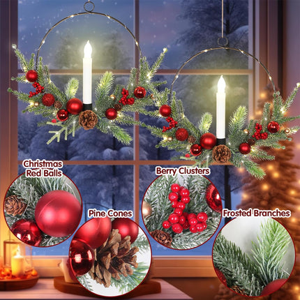 2Pack 16inch Christmas Wreath with Taper Candle Lights Christmas Wreath Outdoor Prelit Christmas Wreath for Front Door Porch Fireplace Christmas Window Door Decorations
