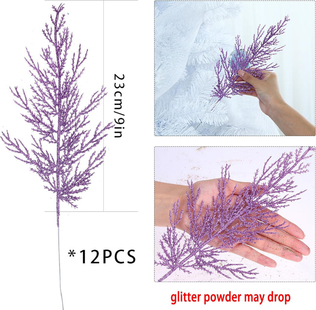 GREENTIME 12 Pack Artificial Purple Flat Glitter Pine Needles 13" Fake Christmas Picks Decorative Glitter Sticks for Vase Christmas Tree DIY Wreath Crafts Fireplace Decor