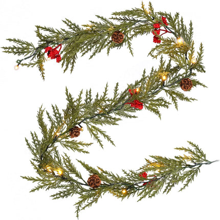 Christmas Garland with Lights, 6 FT Battery Operated Artificial Greenery Garland with Timer, 20 LEDs, Pine Cones and Red Berries for Mantle, Front Door, Stairs Railing Decoration (1 Pack)