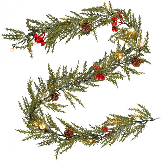 Christmas Garland with Lights, 6 FT Battery Operated Artificial Greenery Garland with Timer, 20 LEDs, Pine Cones and Red Berries for Mantle, Front Door, Stairs Railing Decoration (1 Pack)