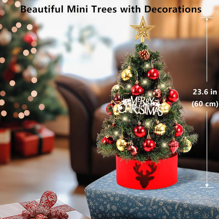 Tabletop Christmas Tree 24 in/60cm Mini Artificial Christmas Tree with LED String Lights,Star Treetop,Ornaments Balls,Pine Cones and DIY Decorations for Holiday décor,Tabletop Small Xmas Tree Green