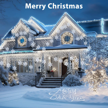 Minetom Snowflake Icicle Lights Outdoor, 20FT 200 LED Icicle Lights with Timer,24 Drops,8 Modes, Connectable Icicle Lights for Outside, Waterproof Icicle Christmas Lights Outdoor Decoration,Pure White