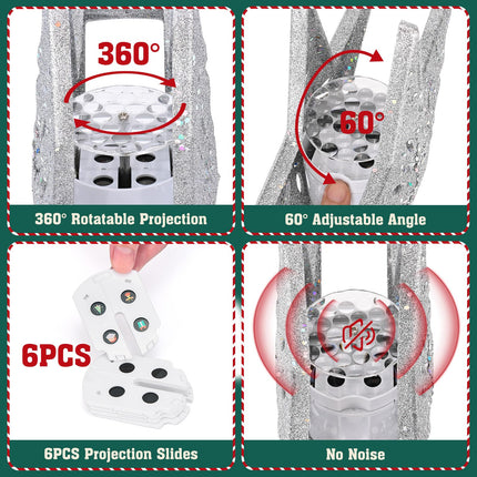 LED Rotating Tree Topper Light Projector with 6 Slides - Silver Christmas Star for Tree Decorations