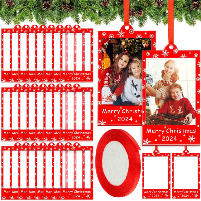 24 Pcs Merry Christmas Picture Frame Ornaments Acrylic 2 x 3 Frame Ornaments for Instax Hanging Photo Ornaments for Polaroid with Red Ribbon Picture Frames for Christmas Tree