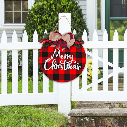 Merry Christmas Wood Sign Christmas Decoration Hanging Sign Christmas Wall Decor Rustic Wooden Plaid Wreath Christmas Decor Wood Round Yard Sign Farmhouse Christmas Front Door Sign