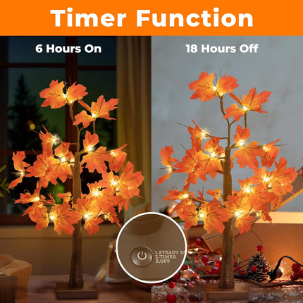 2 Pack Fall Lighted Maple Tree, 48 LED Lights, USB+Battery Operated 24-inch Thanksgiving Table Centerpieces Decoration Artificial Tree Fall Decorations for Office Home Tabletop Indoor Decor Kitchen