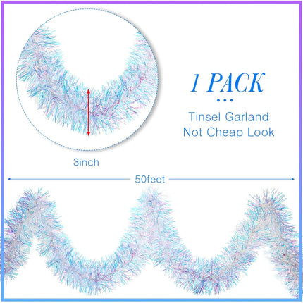 WILLBOND 50 ft Christmas Tinsel Garland Metallic Tinsel Twist Garland Christmas Tree Decorations Year Wedding Birthday Hanging Decorations Party Supplies, 3 Inch(Iridescent)
