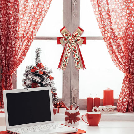 Whaline Christmas Wreath Bow Red Cardinal Birds Pattern Burlap Bow 16.5 x 11 Inch Xmas Special Design Tree Topper Ornament Bow for Christmas Party Indoor Outdoor Home Door Fireplace Decor