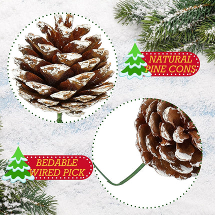60 Pcs Pine Cones for Christmas Tree 1.38 x 5.1 Inch Christmas Pine Cones Picks Frosted Pinecones Ornaments with Wired Pick for Holiday Wreath Garland Party Decor