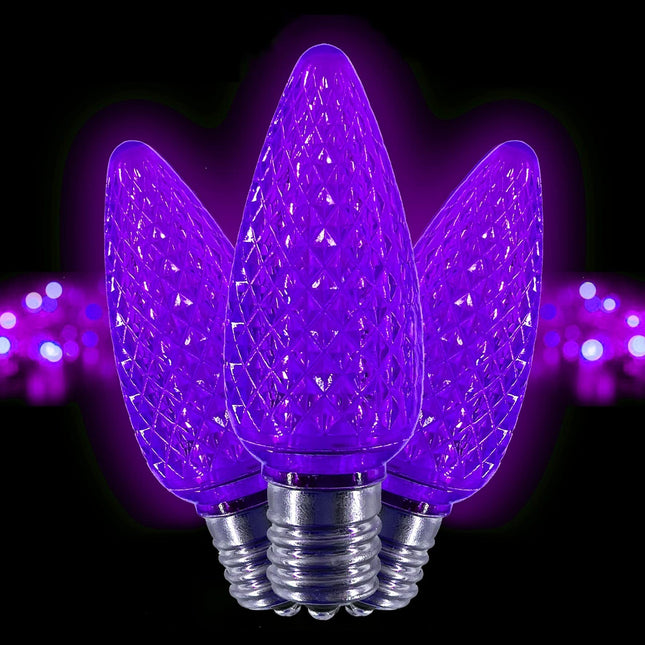 C9 LED Bulb (Pack of 25) LED Purple Replacement Christmas Light Bulbs Faceted Retrofit Candle Shape Commercial Grade E17 Socket Roof Lights Bulbs