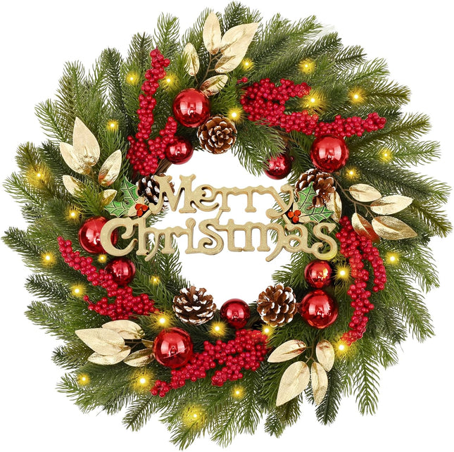 Waipfaru Christmas Decorations, Christmas Wreaths for Front Door, 20 Inch Christmas Ball Wreath with Lights, Lighted Christmas Door Wreath for Outdoor Indoor Window Wall Xmas Winter Decor